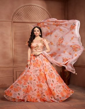orange lehenga - premium silk organza with digital print | dupatta - premium silk organza with digital print and latkans | top - fancy hand embroidered | size - 38 ready 2-2 inch margin extended to 42 | sleeves inside  fabric printed  work wedding 