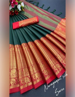 dark green mercerised copper silk | saree - 5.5 mtr | blouse - 0.80 mtr | contrast matching blouse with contrast pallu  fabric printed  work ethnic 
