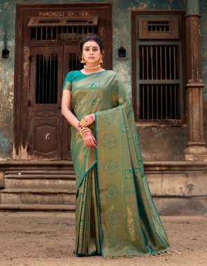 dark green softy silk saree with original kuberpattu weaving and handloom zari with rich pallu and tassels  fabric printed  work festive 