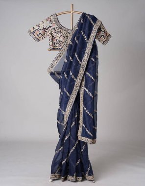 navy  saree - organza silk with embroidery codding & sequence work | stitched blouse - mono banglory silk with heavy both side embroidery work 42 + margin (master copy) fabric embroidery  work ethnic 