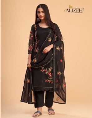 black georgette top with sequins / multi thread and zari embroidery / santoon inner & bottom / georgette dupatta with butta work | size - semi stitched up to size 50