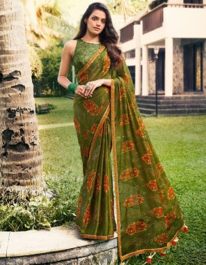 mahendi chiffon embellished celebrity saree with blouse piece  fabric printed  work festive 