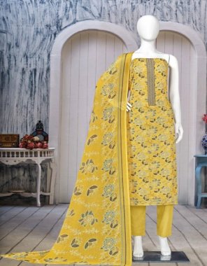 yellow top - pure cotton linen foil print with coding work | bottom - pure rayon dyed | dupatta - pure cotton muslin print  fabric printed  work wedding 
