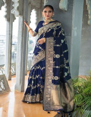 navy banarasi silk saree with pure silver and gold zari weaves all over with georgeous weaving pallu and border with fancy tassels with matching blouse piece  fabric weaving  work festive 