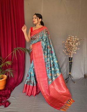 red kanchipuram border with digital printed saree | rich pallu and tassels | blouse - contrast printed | saree - 6.30 mtr including blouse  fabric printed  work wedding 