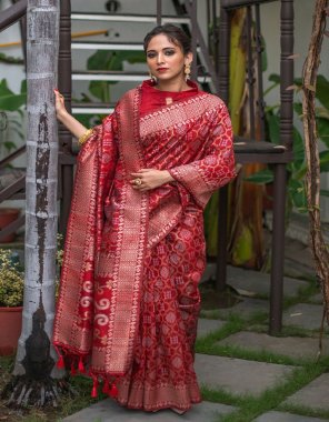 red tussar silk jamdani weaving saree with patola style pallu & zari woven border with running blouse piece with executive tassels at pallu | saree - 5.50 mtr | blouse - 0.80 mtr  fabric weaving  work ethnic 
