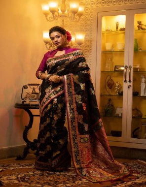 black banarasi silk saree with all over colouful meena weaves pattern with contrast border & rich weaving pallu with fancy tassels and contrast blouse piece | saree - 5.50 mtr | blouse - 0.80 mtr  fabric weaving  work ethnic 