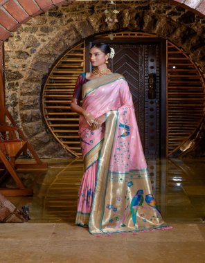 baby pink paithani silk saree with fancy meena & zari weaves with contrast border & exclusive zari pallu with fancy tassels | saree - 5.50 mtrs | blouse - 0.80 mtr  fabric weaving  work wedding 