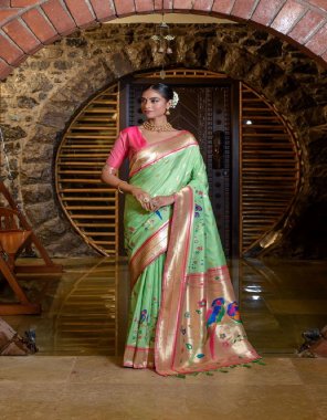 parrot  paithani silk saree with fancy meena & zari weaves with contrast border & exclusive zari pallu with fancy tassels | saree - 5.50 mtrs | blouse - 0.80 mtr  fabric weaving  work ethnic  