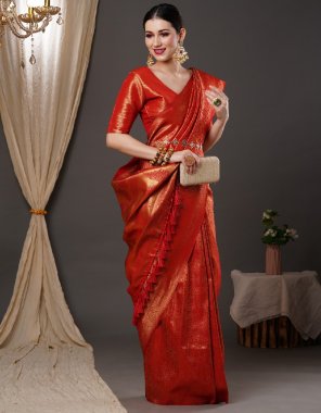 red silk blend woven design designer saree with blouse piece  fabric printed work festive 