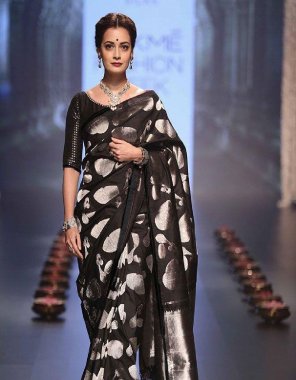 black softy silk | blouse - beautiful heavy full jacquard work | saree cut - 5.5 mtr | blouse cut - 1 mtr(master copy) fabric printed work wedding 