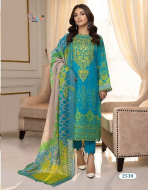 sky top - cotton print with self embroidery | bottom - semi lawn | dupatta - cotton embroidered  (pakistani copy) fabric embroidery  work festive 