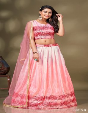 baby pink lehenga - chinon crush with sprangle | top - chinon with sprangle | dupatta - net with fancy border |size - 42 ready 2 - 2 inch margine extended to 46 |sleeves inside  fabric embroidery  work wedding 
