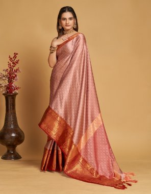 peach banarasi silk saree with unstitched blouse  fabric printed work ethnic  