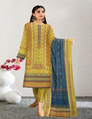 yellow top - lawn cotton printed self embroidery work | bottom - semi lawn | dupatta - mal mal cotton print with embroidery work (pakistani copy) fabric embroidery  work wedding 