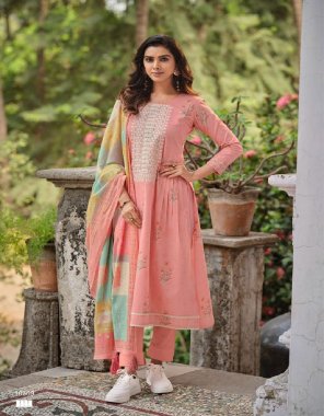 peach top - lawn cotton digital print with fancy embroidery work | bottom - cotton solid | dupatta - mal mal cotton with digital print  fabric printed  work ethnic 
