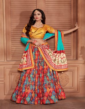yellow lehenga - chinnon with printed and lathkhan | dupatta - chinnon with printed & lathkhan | top - chinnon with designer blouse with mirror work |size - 42 ready 1 - 1 inch margine extended to 44 | sleeves inside  fabric printed  work wedding 