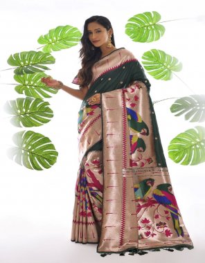 dark green paithani silk saree crafted with fancy meena & zari weaves with contrast border & rich zari pallu with  fancy colourful tassels | saree - 5.50 mtrs | blouse - 0.80 mtr  fabric weaving  work ethnic 