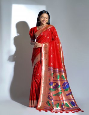 red paithani silk saree crafted with zari border & exclusive zari pallu with blouse piece |saree - 5.50 mtr | blouse - 0.80 mtr  fabric printed  work wedding  