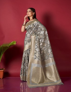 grey linen saree with ikkat self weaving concept | along with rich pallu amd brocade blouse  fabric weaving  work ethnic 