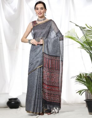 grey soft linen cotton saree crafted with beautiful bandhani prints all over with woven border and fancy pallu | beautiful printed blouse piece | saree - 5.50 mtr | blouse - 0.80 mtr  fabric printed  work festive 
