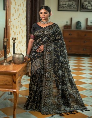black  tussar silk jamdani weaving saree | zari woven border & rich pallu with blouse piece & tassels | saree - 5.50 mtr | blouse - 0.80 mtr  fabric weaving  work wedding  