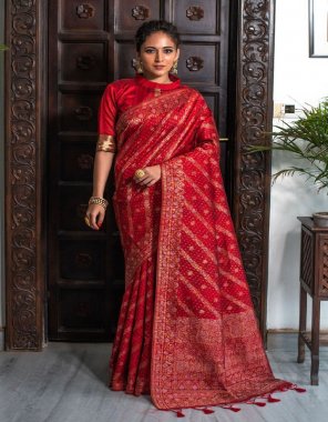 red tussar silk jamdani weaving saree | zari woven border & rich pallu with blouse piece & tassels | saree - 5.50 mtr | blouse - 0.80 mtr  fabric printed  work festive 