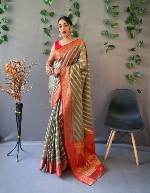 mahendi organza weaved saree with jacquard border rich pallu with rich tassels | blouse -contrast  fabric weaving work wedding 