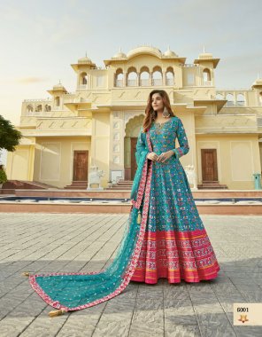sky gown - cherry silk | work - designer patola print | inner - micro cotton | dupatta - soft net with embroidery work |length - max upto 57 | flair - 4.5 mtr fabric printed  work festive 