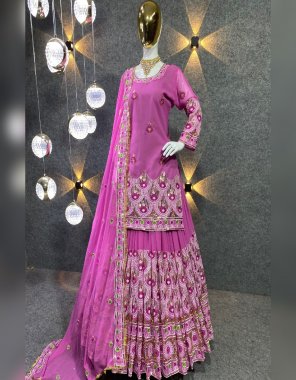 pink top - heavy faux georgette with embroidery 5mm sequins work with sleeve | top inner - micro cotton | top length - 37 -38 inches | lehenga - heavy faux georgette with embroidery 5mm sequins work (fully semistitched lehenga style and length is 41-42) | dupatta - heavy faux georgette material with embroidery 5mm sequins work and faby less (2.30 mtr )  fabric embroidery  work wedding 