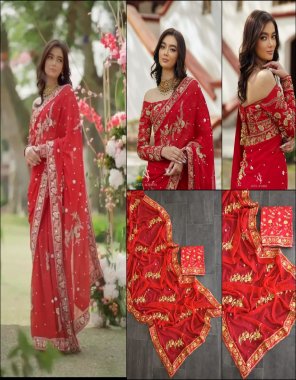 red georgette multi thread embroidery sequence work | blouse - banglory silk fabric embroidery  work wedding 