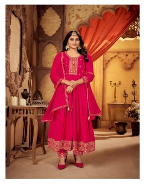 pink top - heavy airjet rayon with embroidery work and inner with anarkali style | bottom - heavy airjet rayon with embroidery fancy work lace pant | dupatta - nazneen with swarovski diamond with fourside lace border  fabric embroidery  work wedding 