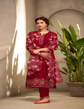 red embroidered suit with floral organza dupatta  fabric embroidery  work wedding  