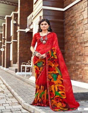 red printed georgette saree with unstitched blouse  fabric printed  work ethnic 