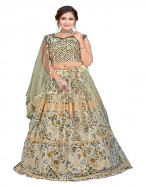 pista lehenga - fancy georgette with embroidery panel work and print work | dupatta - fancy net with heavy border | top - designer mirror work with thread work blouse | size - 40 ready 3-3 inch margin extended to 46| sleeves inside  fabric embroidery work wedding 