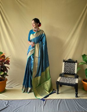 sky weaving silks sarees with weaving gold zari border | contrast weaving rich pallu attached with tassels | paired with contrast brocade blouse  fabric printed  work wedding 
