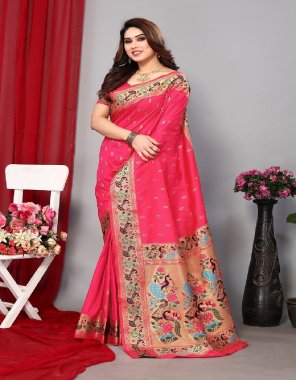 pink golden zari worked paithani silk saree with designer blouse  fabric printed work wedding 