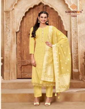 yellow top - jam satin with neck embroidery & swarovski diamond work 2.5 mtr | bottom - cotton solid 2.25 mtrs | dupatta - fancy jacquard with four side piping lace & tesssls 2.5 mtrs  fabric embroidery  work festive 