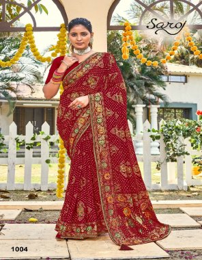 maroon 60 gram georgette heavy foil work & lace border saree with unstitched blouse piece  fabric embroidery  work wedding 