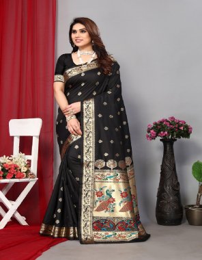 black heavy weaving worked paithani silk saree with unstitched blouse fabric printed work festive 