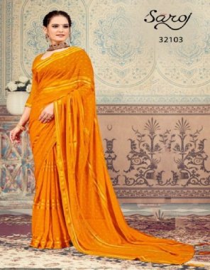 yellow heavy georgette stripes printed saree with unstitched blouse piece  fabric printed  work festive 
