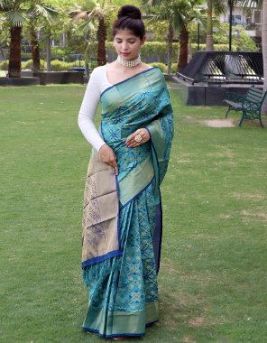 sky bandhej silk saree | weaving gold zari border | contrast weaving rich pallu attached with tassels | paired with contrast brocade blouse  fabric weaving  work festive 