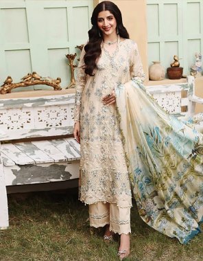 cream top - cotton with heavy self embroidery moti | dupatta - taby silk & net embroidery | bottom / inner - semilawn  fabric embroidery  work wedding 