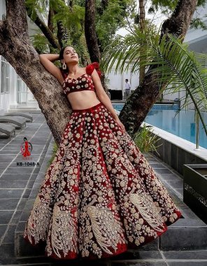 red lehenga - 9000 markable velvet + beautiful embroidery work fancy dori work + full of white ceramic with big can can and canvas added its to stabd can can | blouse - 9000 markable velvet long - 21