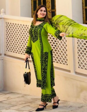 parrot green top - heavy fox georgette(only front side work) | sleeve - full sleeve with heavy embroidery work | inner - micro cotton | pant - heavy butter silk | pant length - 40-42 inch utpo xxl | top length - 46 - 48 inch | dupatta - heavy fox georgette (2.1 mtr)  fabric embroidery  work festive 