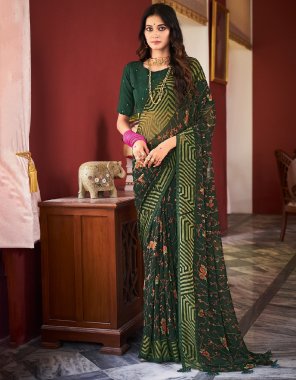dark green georgette printed designer saree with blouse piece  fabric printed  work wedding 