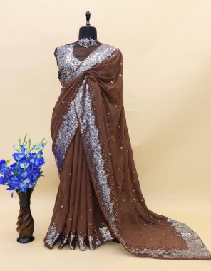 brown saree - premium georgette with embroidery sequins work | blouse - mono banglory silk with both side embroidery sequins work (master copy) fabric embroidery  work festive 