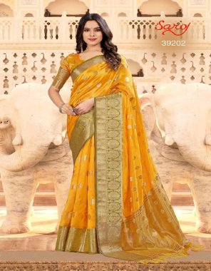 yellow organza silk banarasi saree with unstitched blouse piece  fabric printed  work festive 