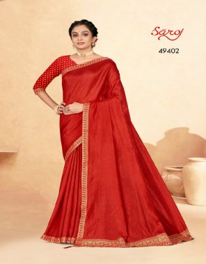 red chiffon and heavy lace saree with unstitched blouse piece  fabric embroidery  work festive 