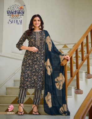 navy rayon capsule foil print with embroidery work | nazmeen dupatta with lace | length - 45 to 46 